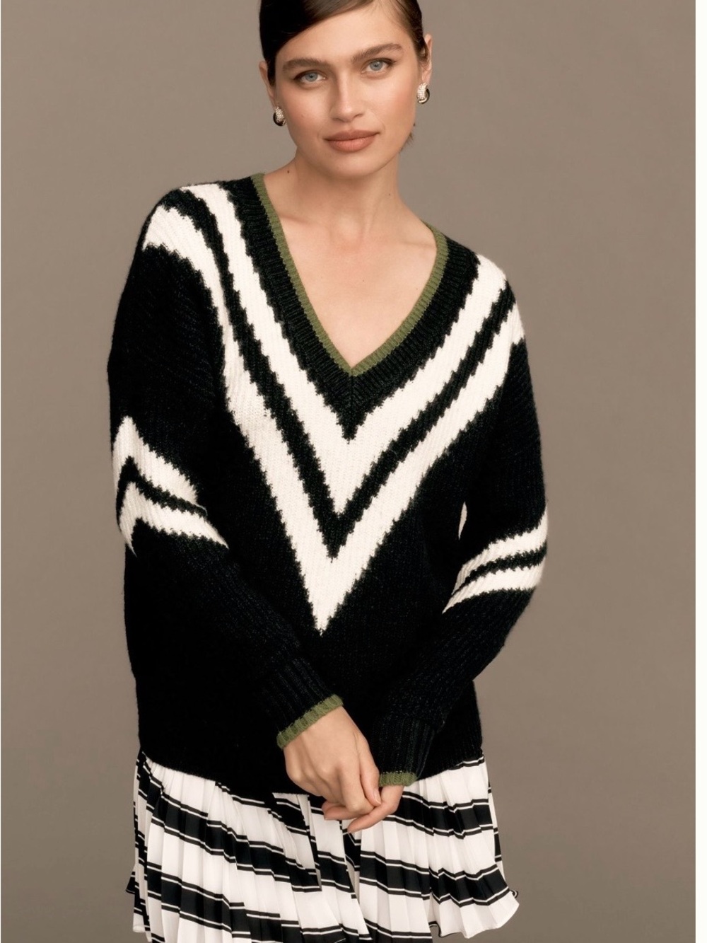 Anthropologie Black, White & Green V-Neck Chevron Sweater